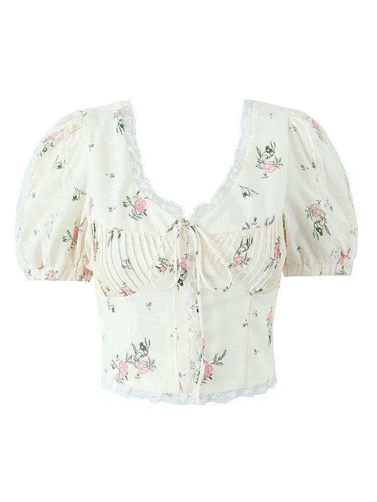 2024 Women Summer Vintage Floral Print Bow Tied Cropped Tank Tops Fashion V-Neck Short Sleeve Female Casual Chic Tops Vestidos