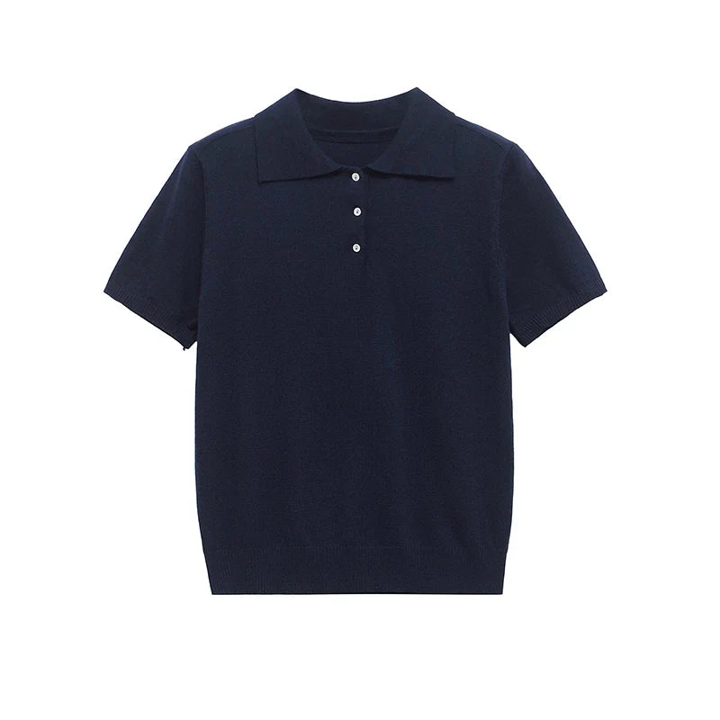 YENKYE New 2025 Women Basic Jersey Polo Collar T Shirt Short Sleeve Front Button Rib Trim Tees Spring Summer Crop Top