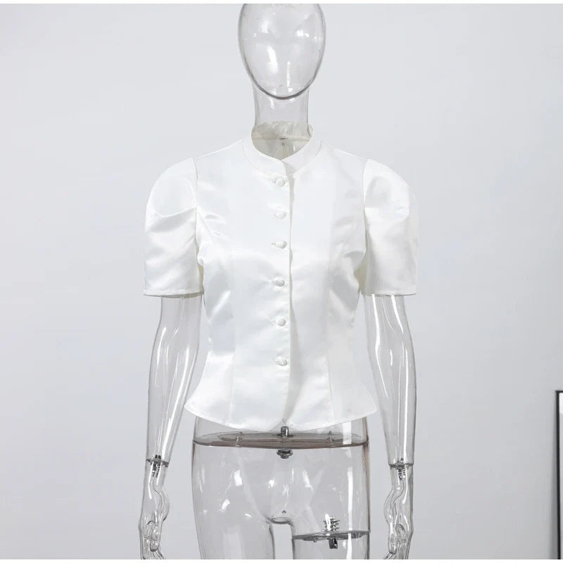 Fashion Street Ruffle Women's Blouse Solid Single Breasted Full Sleeve Pleated Cropped Shirt Lady New Casual Spring Clothing