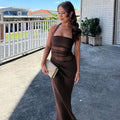 Cryptographic Elegant Halter Sexy Mesh Sheer Cut Out Maxi Dress Club Party Long Dresses Outfits Asymmetrical Ruched Gown Summer