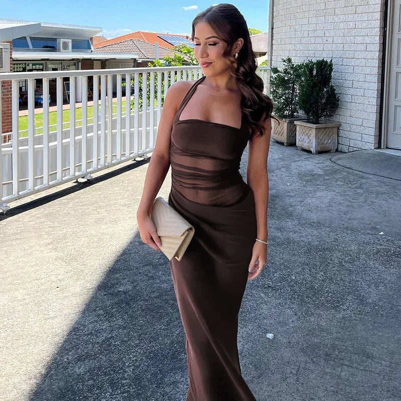 Cryptographic Elegant Halter Sexy Mesh Sheer Cut Out Maxi Dress Club Party Long Dresses Outfits Asymmetrical Ruched Gown Summer
