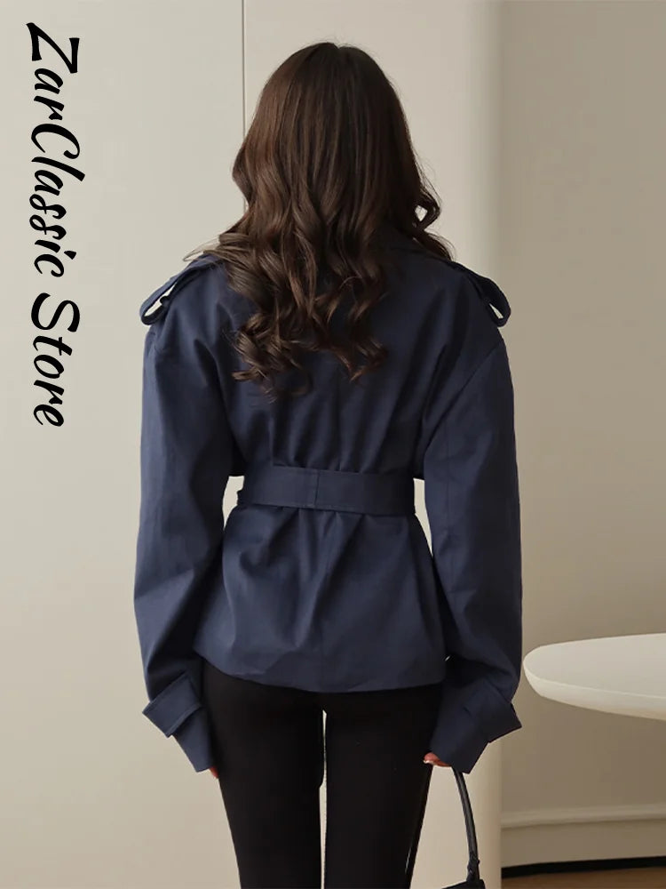 Street Lace Up Trench Coats Women Long Sleeve Lapel Waist Cinching Cropped Windbreaker Female Autumn Lady Elegant Casual Jacket