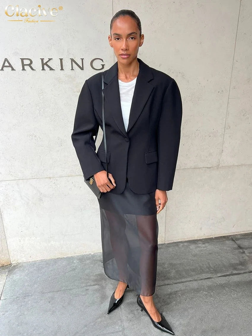 Clacive Fashion Loose Balck Women Skirt Casual High Waist Ankle Length Skirts Elegant Classic Mesh Spliced Skirt Female Clothing