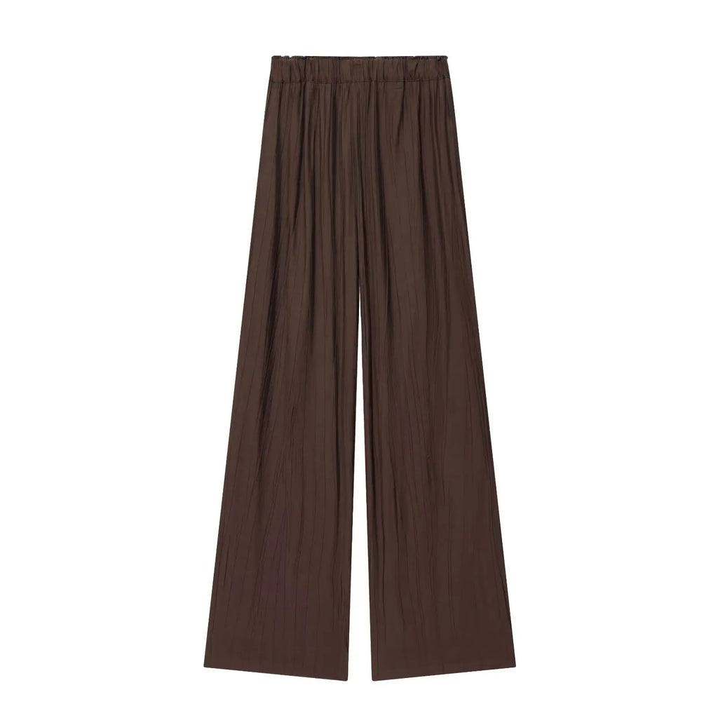 YENKYE Drawstring Elastic High Waist Brown Wide Leg Pants For Women Casual Loose Trousers pantalones de mujer