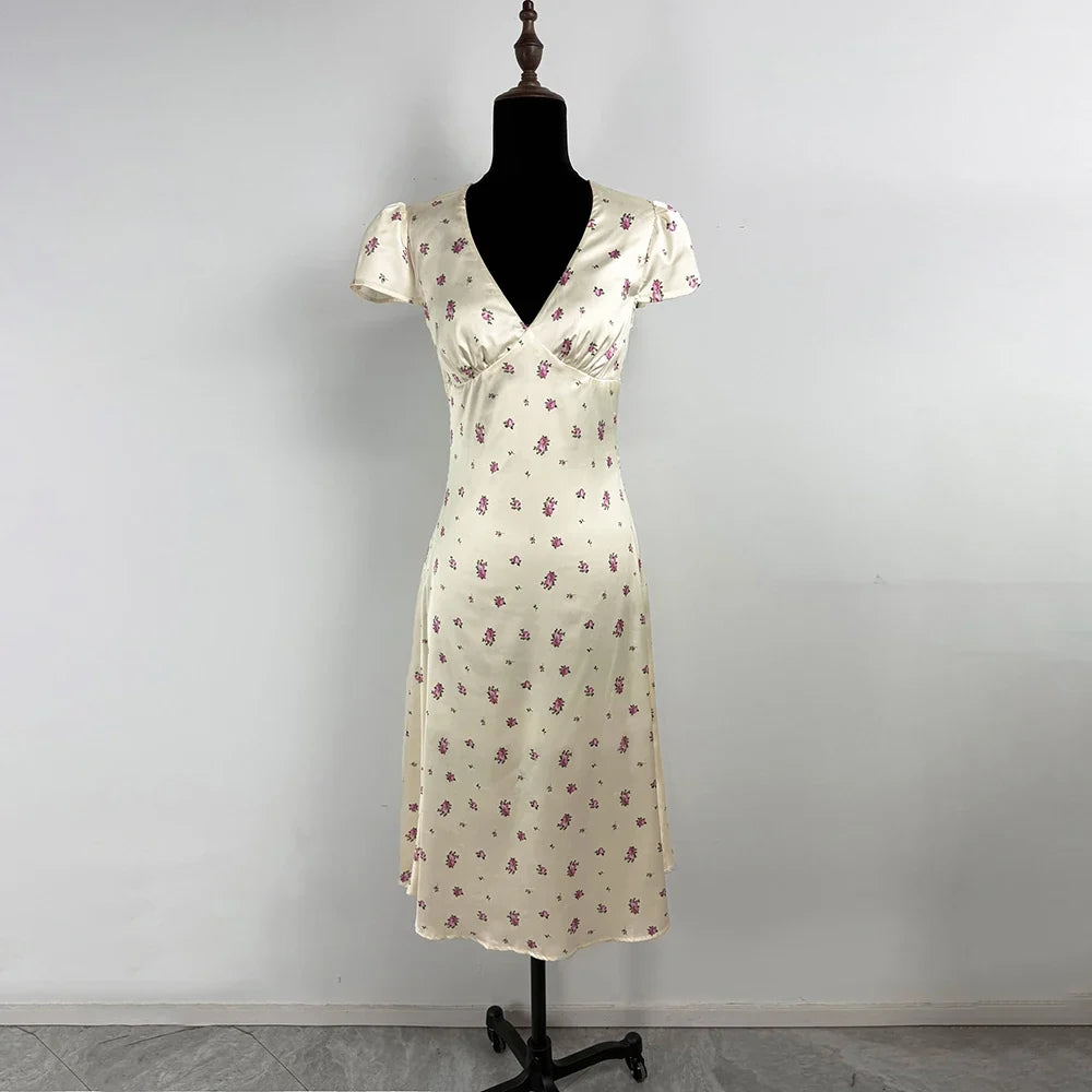 Tuularose Floral Print Long Dress Women's Sexy V Neck Short Sleeve High Waist Dress Female Fashion Casual Vacation Slim Dresses