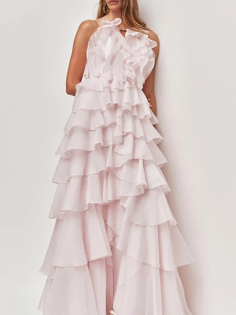 TWOTWINSTYLE Fashion Spliced Ruffles Elegant Long Dresses for Women O Neck Sleeveless High Waist Patchwork Fungus Dress Female