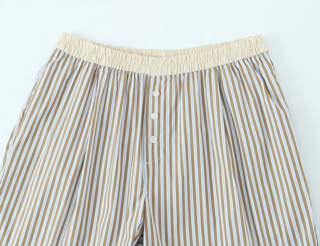 YENKYE Europe And America Striped Wide Leg Pants Women Vintage Elastic High Waist Casual Summer Trousers Female pantalones