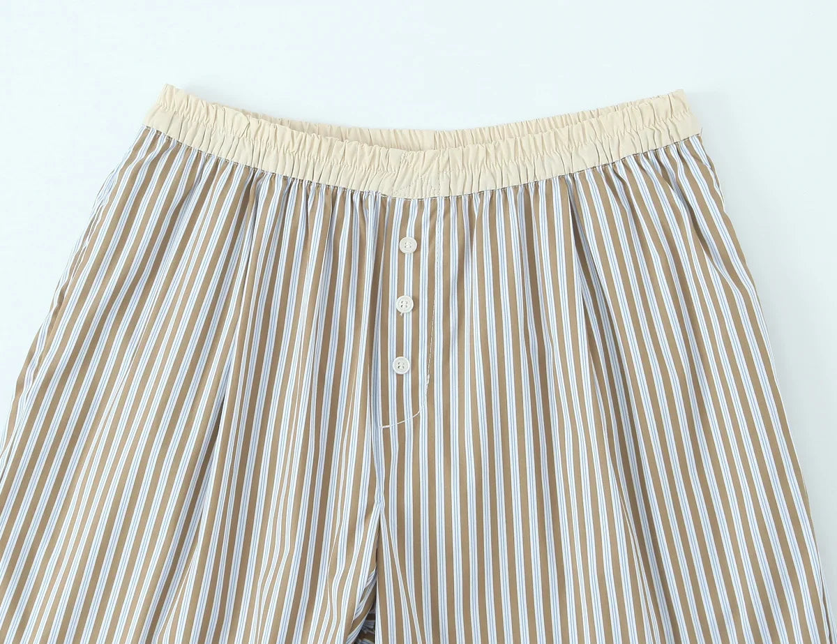 YENKYE Europe And America Striped Wide Leg Pants Women Vintage Elastic High Waist Casual Summer Trousers Female pantalones