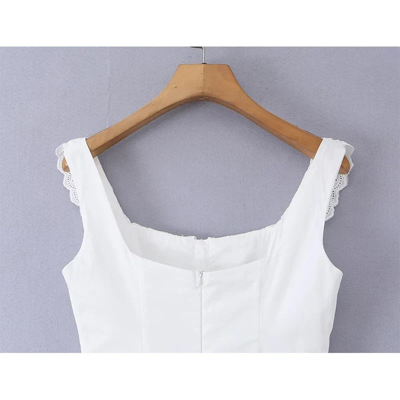 YENKYE Summer 2026 Women White Corset Midi Dress Square Neck Lace Trim Sleeveless A-Line Elegant Vacation Party Sundress Cotton