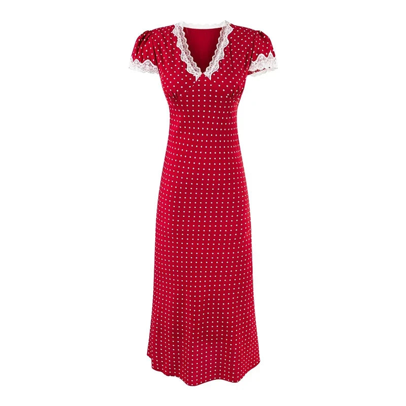 YENKYE 2025 Women French Polka Dot Red Dress Sexy Sweet Lace Trim V Neck Short Sleeve A-line Midi Summer Dresses Holiday Robe