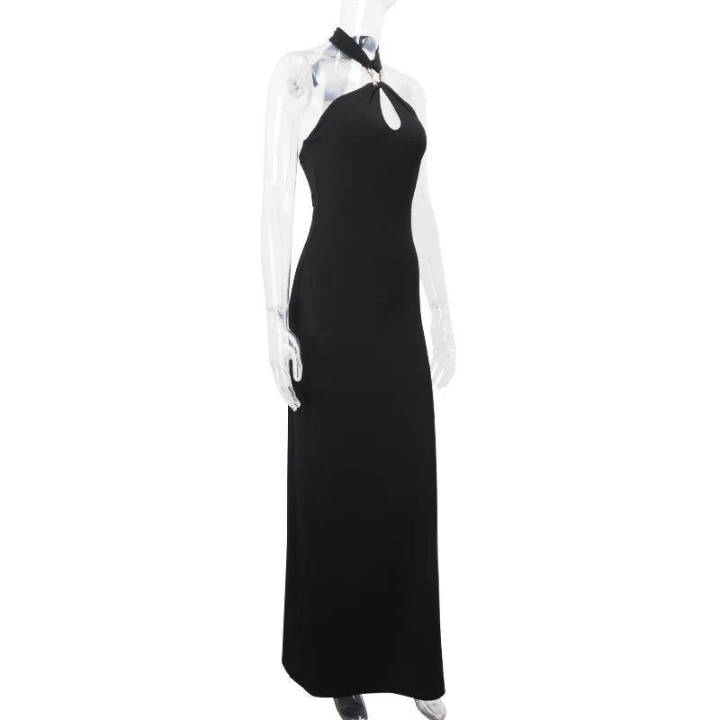 Cryptographic Summer Elegant Backless Halter Black Dress Party Club Outfits Women Sexy Maxi Dresses Gown Vestido Holiday Clothes