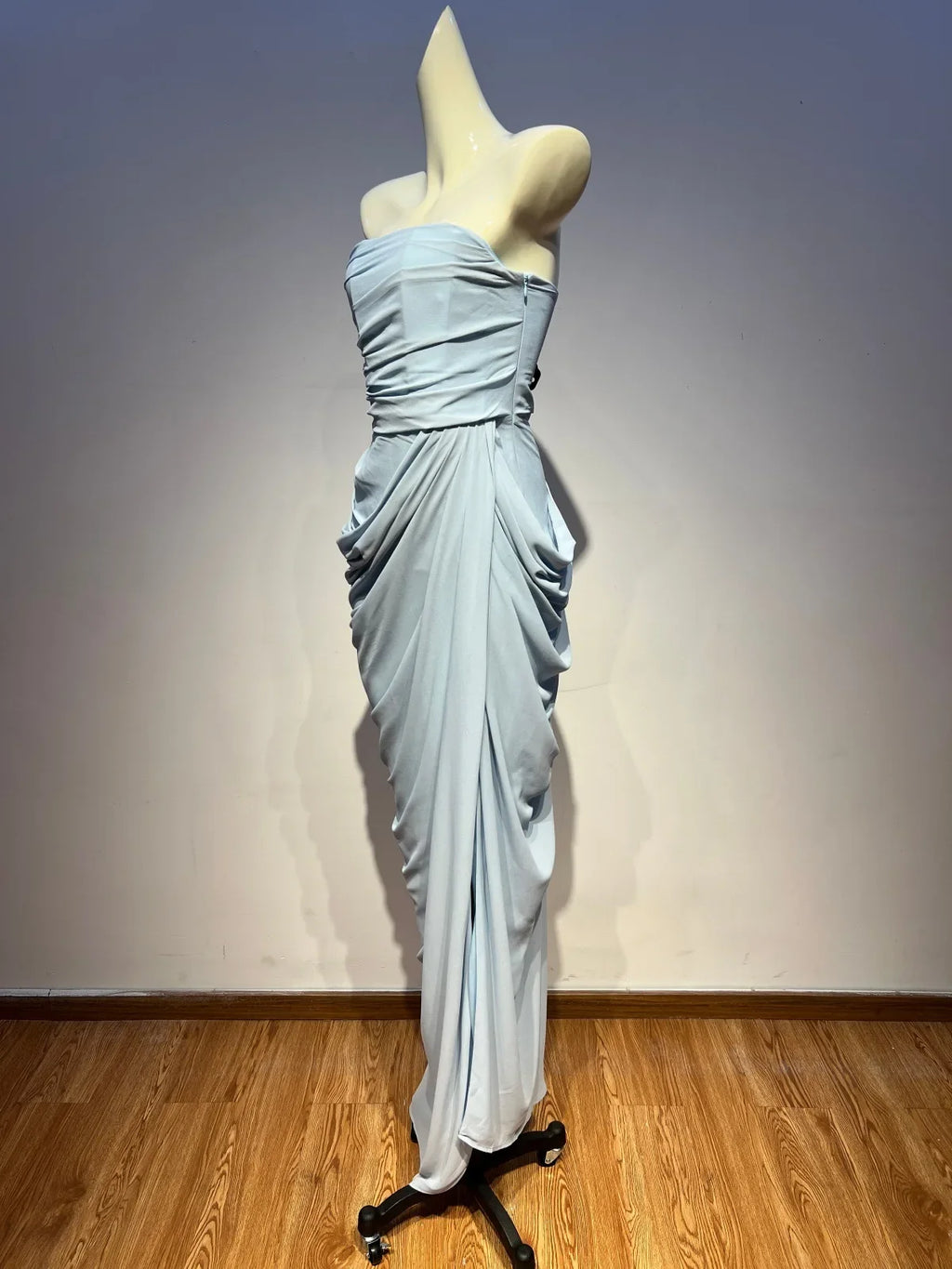 VC Elegant Blue Strapless Pleated Ruched Maxi Dress for Women Sexy High Split Bodycon Evening Gown Party Cocktail Dress vestidos