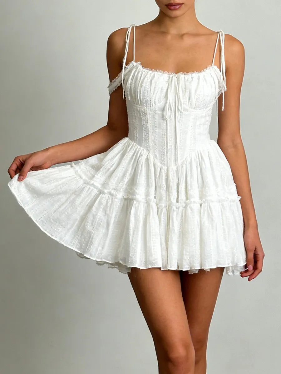 TWOTWINSTYLE Solid Spliced Embroidery Sweet Dresses for Women Square Neck Sleeveless High Waist Patchwork Strap Dress Female New
