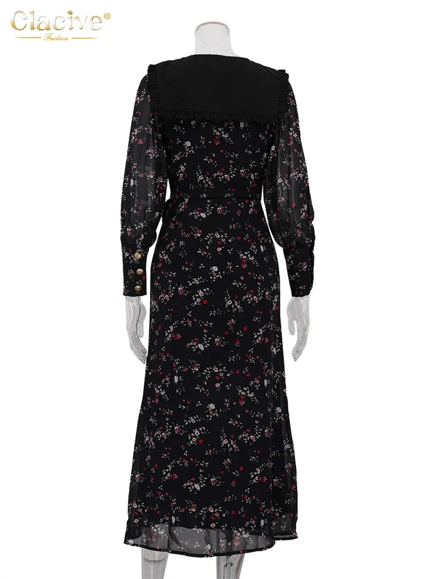 Clacive Fashion Slim Print Women's Dress 2025 Vintage Lapel Long Sleeve Ankle Length Dresses Elegant Classic Patchwork Female Dr