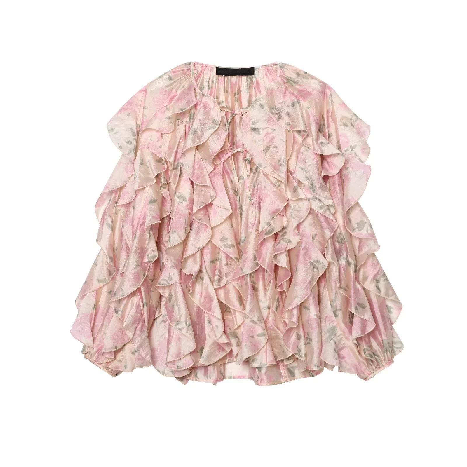 YENKYE Women Elegant Floral Print Chiffon Blouse long Sleeve Lace Up O Neck Cascading Ruffle Summer Lady Shirts Loose Tops