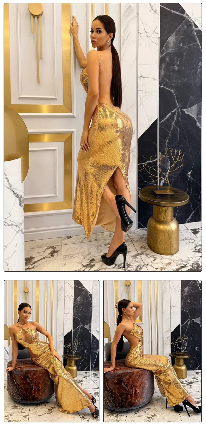 VC Women'S Gold Sequins Luxury Party Gown Sexy Backless  Long Dress For Wedding Banquet Party Female Clothing