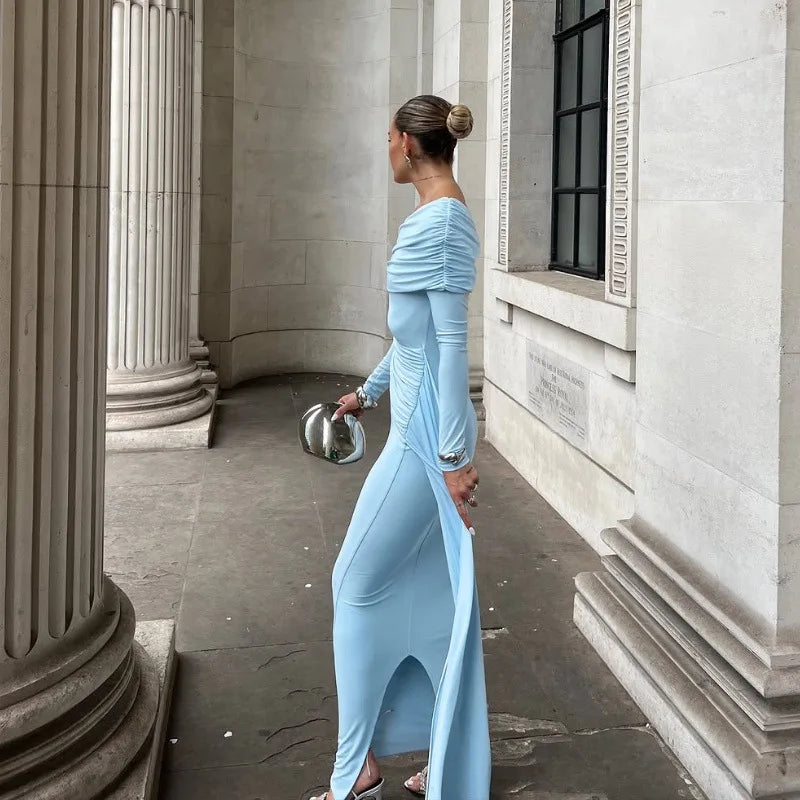 Cryptographic Elegant Asymmetrical Ruched Maxi Dress Party Club Outfits for Women Long Sleeve Sexy Bodycon Maxi Dresses Gown