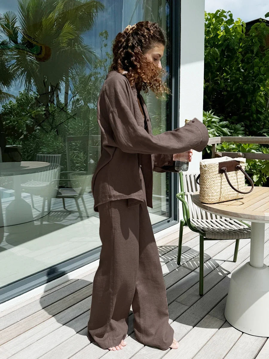 Bornladies Cotton Casual Pants Sets Women's Solid Color Cozy Lapel Long Sleeve Shirt Summer Outfit Elastic Waist Pants Suits