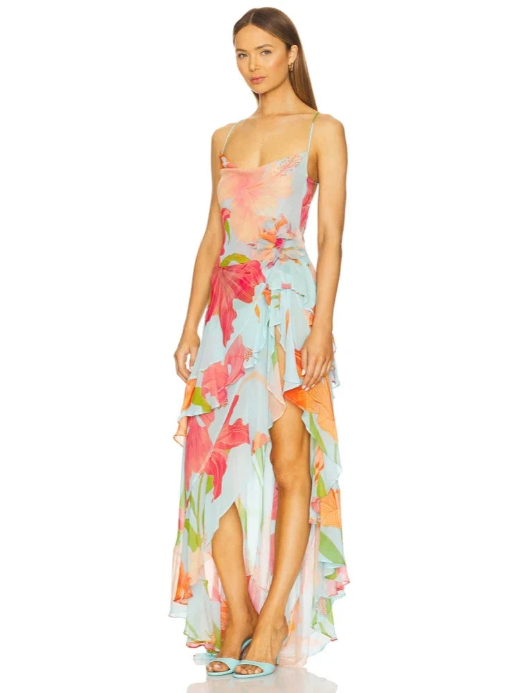 Summer Sexy Spaghetti Strap Printed Ruffles Long Dress Women Pink Sleeveless Backless Flower Dresses Holiday Party Sundress