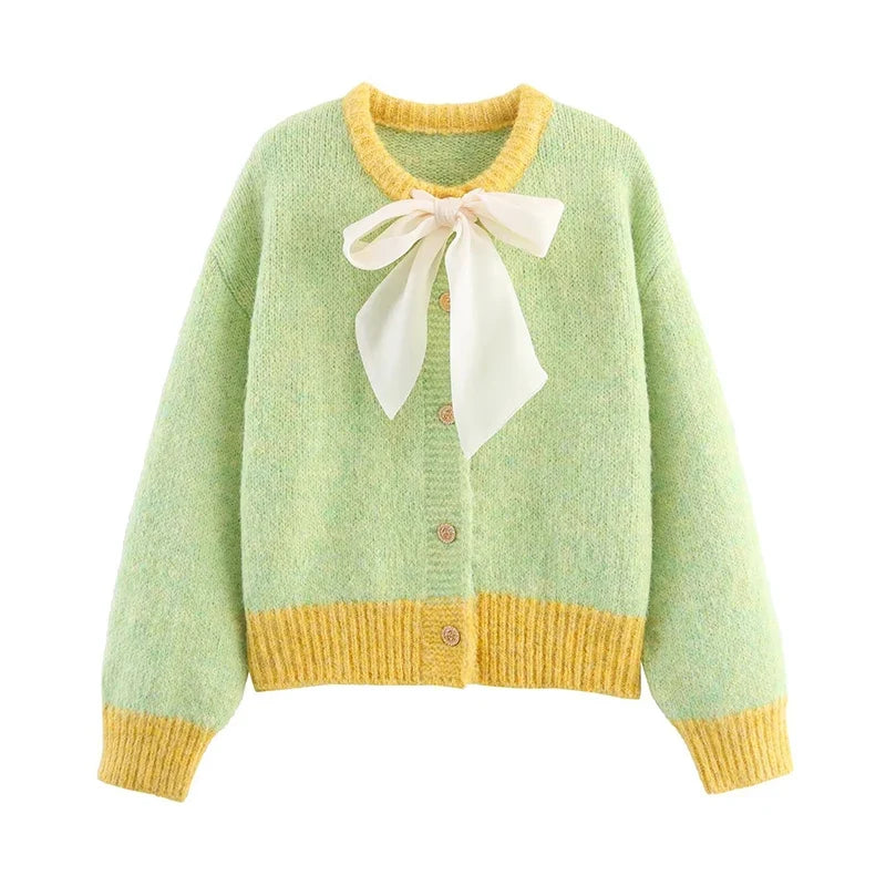 YENKYE 2025 Women Single Breasted Bow Knit Cardigan Long Sleeve O Neck Casual Autumn Outerwear Short Coat