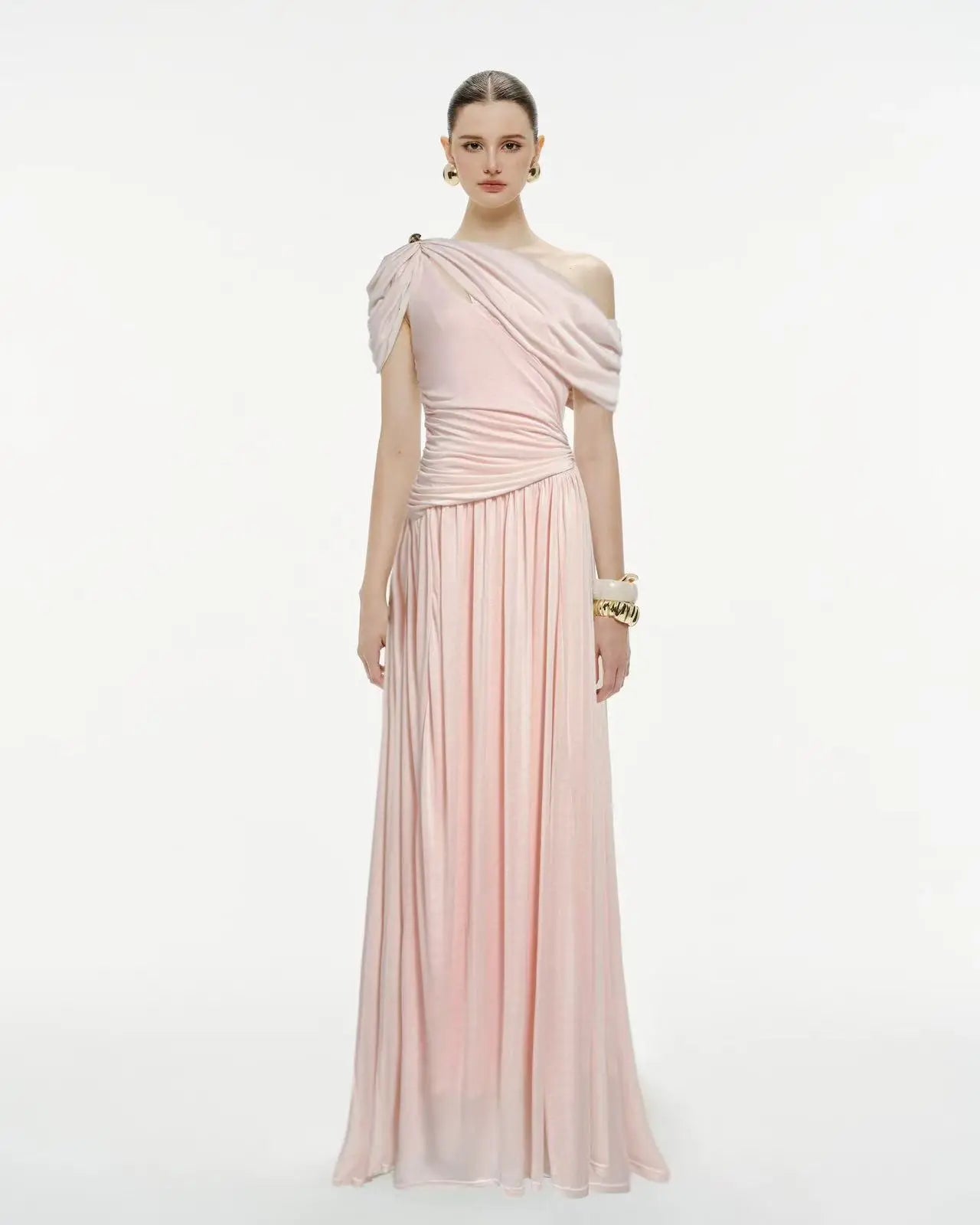 DEAT Elegant Dress Asymmetrical Pleated Long Hollow Out Solid Color Women's Evening Party Dresses 2026 Spring New Tide 35Z4129
