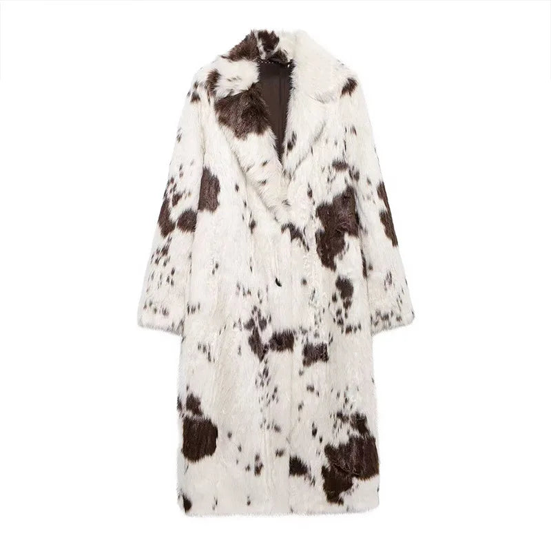 DEAT Fashion Tie Dye Faux Fur Coat Women's Lapel Loose Long Sleeves Plush Thick Overcoat Winter New 7A1355