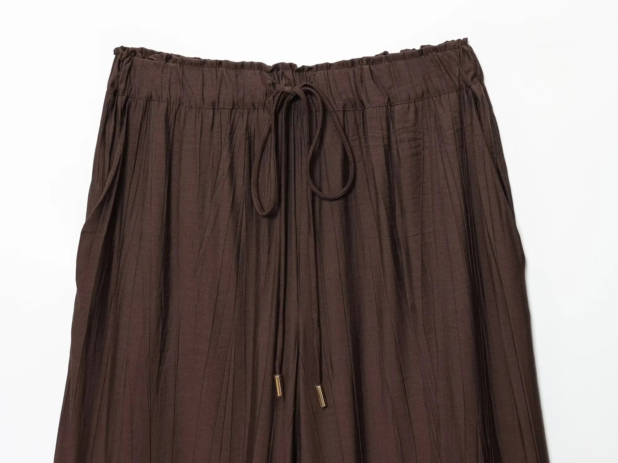 YENKYE Drawstring Elastic High Waist Brown Wide Leg Pants For Women Casual Loose Trousers pantalones de mujer