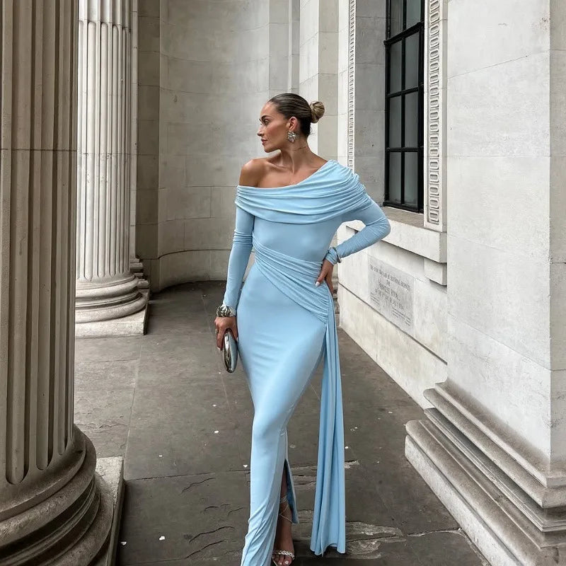 Cryptographic Elegant Asymmetrical Ruched Maxi Dress Party Club Outfits for Women Long Sleeve Sexy Bodycon Maxi Dresses Gown