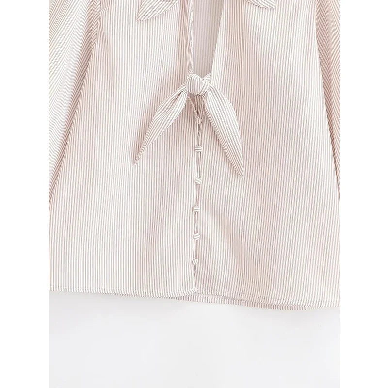 YENKYE 2026 Women Bow Tie Neck Striped Blouse Puff Sleeve Button Down Shirt Vintage Office Wear
