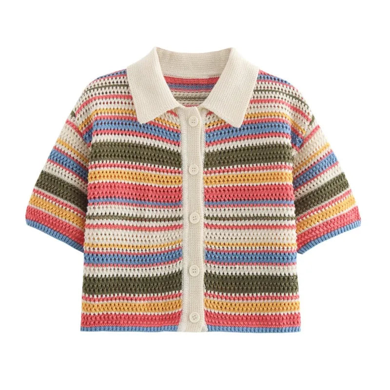 Women Patchwork Striped Hollow Out Crochet Knitted Crop Sweater Shorts Set Short Sleeve Polo Collar Sweater Knit Shorts Suit Y2K