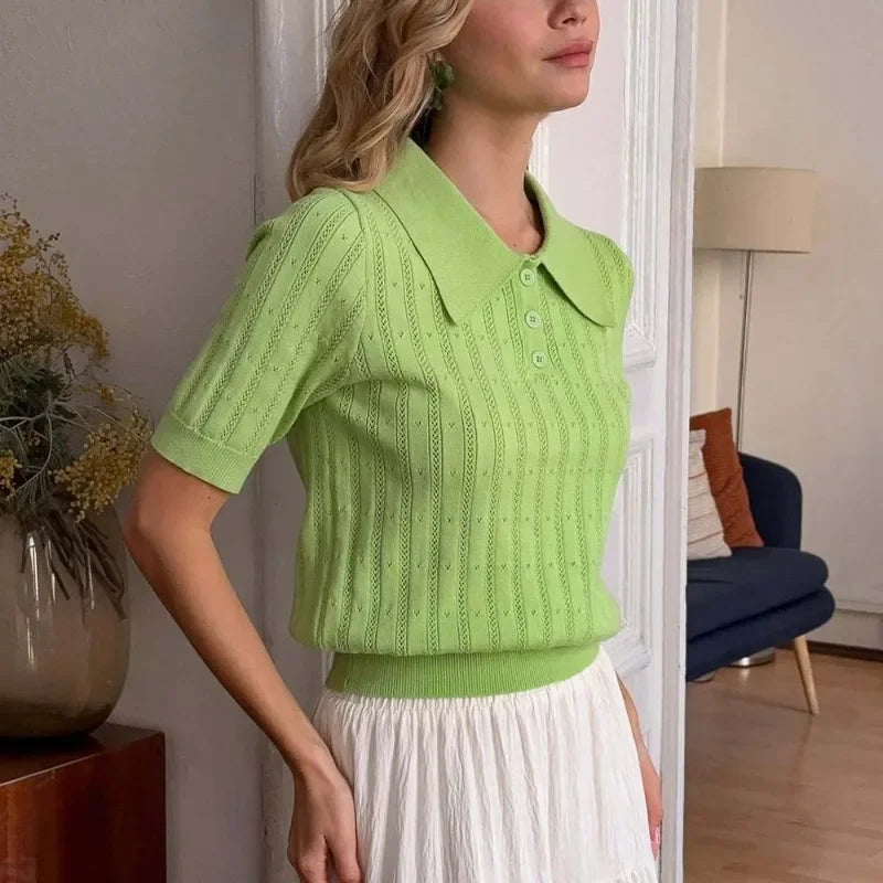 Tuularose Knit Lapel Top For Women Buttons Short Sleeve Pullover T Shirt Female Fashion Office Lady Solid Casual Top Women 2025