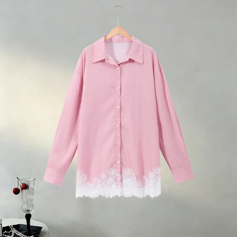 Beach Shirts Shorts Outfits Women Lapel Single Breasted Long Sleeves Lace Patchwork Sets Female 2026 Spring Summer Holiday Sets