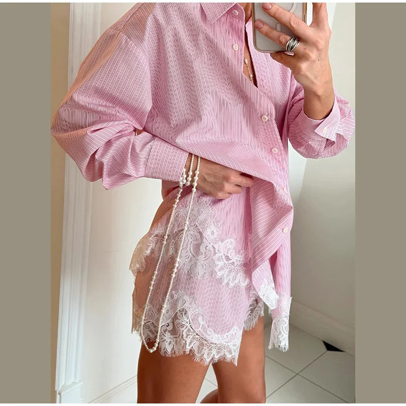 Beach Shirts Shorts Outfits Women Lapel Single Breasted Long Sleeves Lace Patchwork Sets Female 2026 Spring Summer Holiday Sets