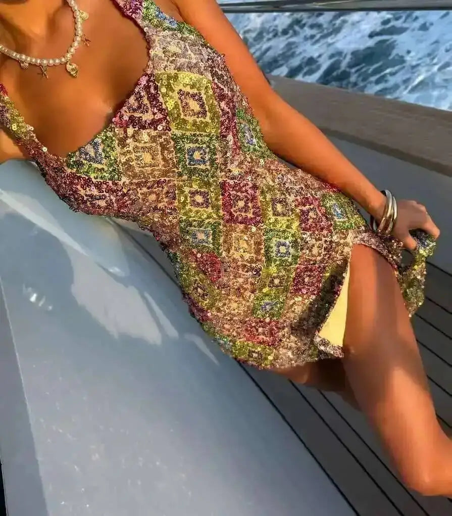 Avrilyaan Colorful Diamond Pattern Sequin Slit Sexy Dress Women 2025 Elegant Party Dress Backless Mini Summer Dress Vestidos