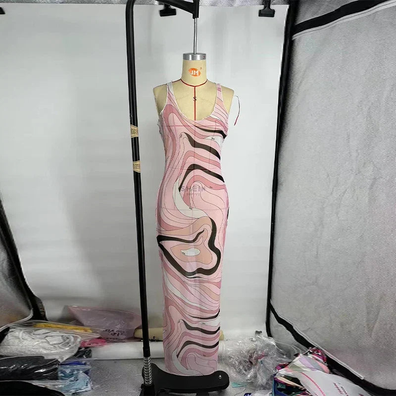 Sexy Women's Sheer Mesh Bodycon Maxi Dress Chic Print Sleeveless Slim Fit Beach Vacation Long Dresses Casual Daily Female Outfit