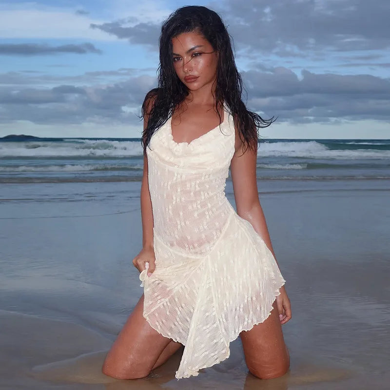 Cryptographic Fashion Halter Draped Mini Dress Sexy Backless A-Line Sheer Frill Hem Dresses Coquette Summer Vacation Vestido