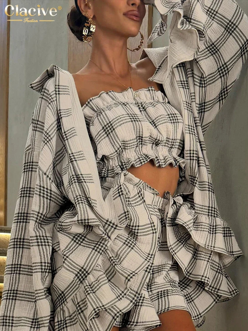 Clacive Fashion Loose Plaid Cotton Shorts Sets For Women 2 Piece Elegant Long Sleeve Shirt + Tube Top With High Waist Shorts Set