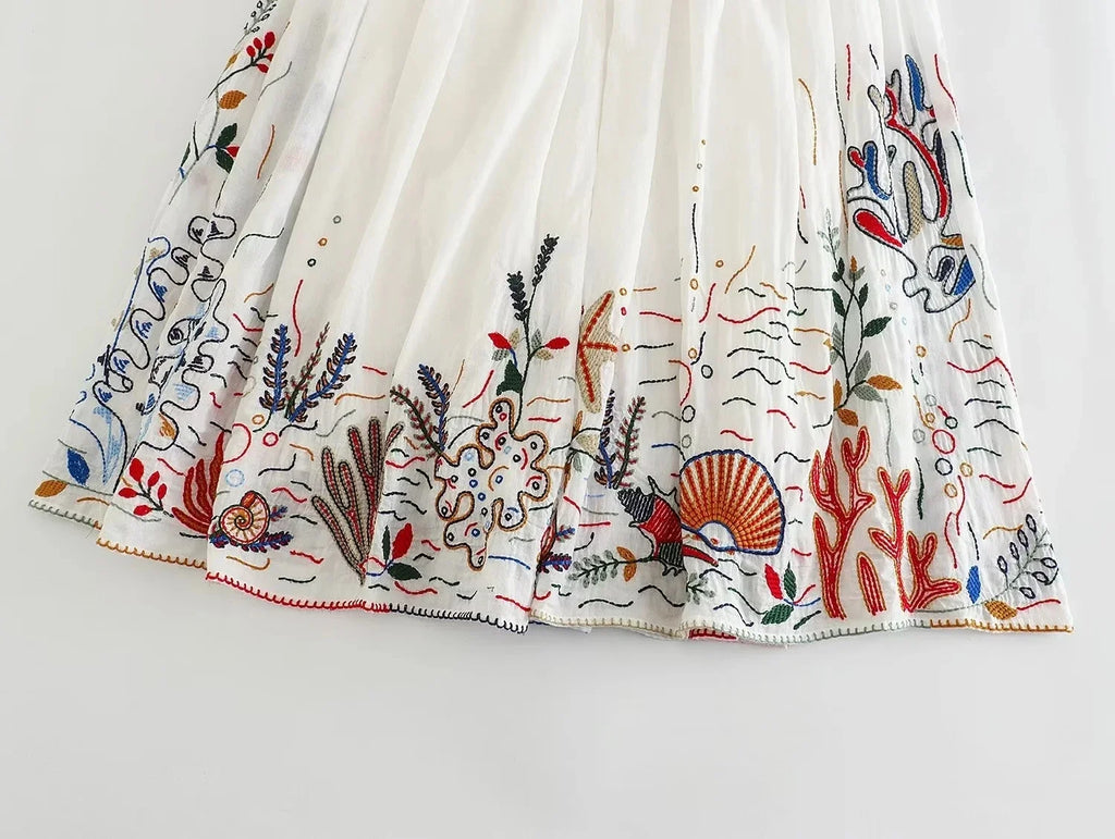 Foridol Marine Organism Embroidery Batwing Sleeve Summer Spring Maxi Skirt Set Cotton White Tassle Dress Set Outfits Button Suit
