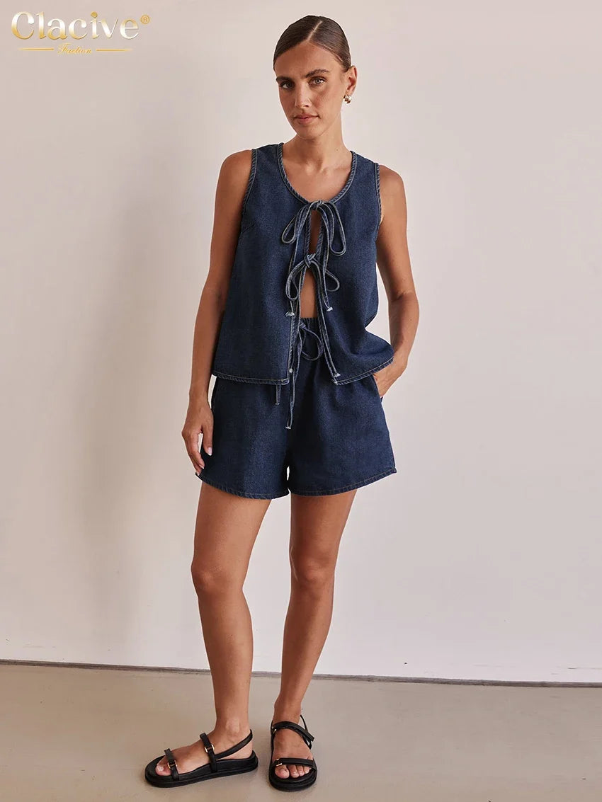 Clacive Summer Loose Blue Denim 2 Piece Sets Women Outfit 2025 Fashion Sleeveless Tank Top With High Waist Shorts Set Streetwear