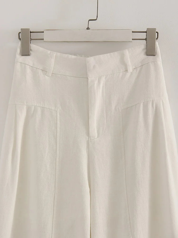 White Cotton Linen Pants Women Wide Leg Formal Trousers Summer Straight Leg Suit Pants High Waist Ladies Formal Pants Loose