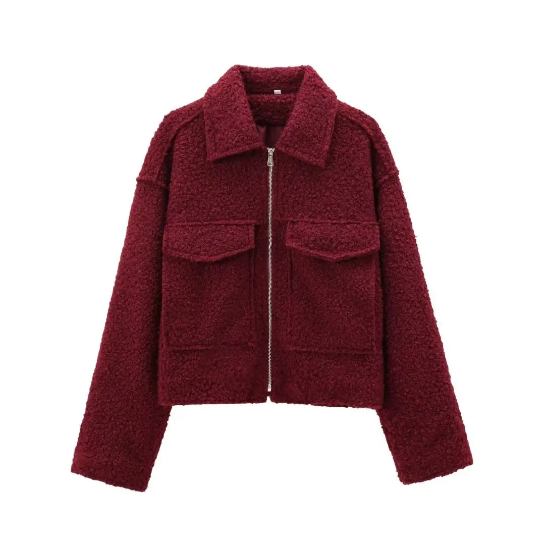 2024 Women's Elegant Solid Coat Zipper Long Sleeve Pocket Bomber Jacket Female Casual Soft Woolen Loose Streetwear Coats
