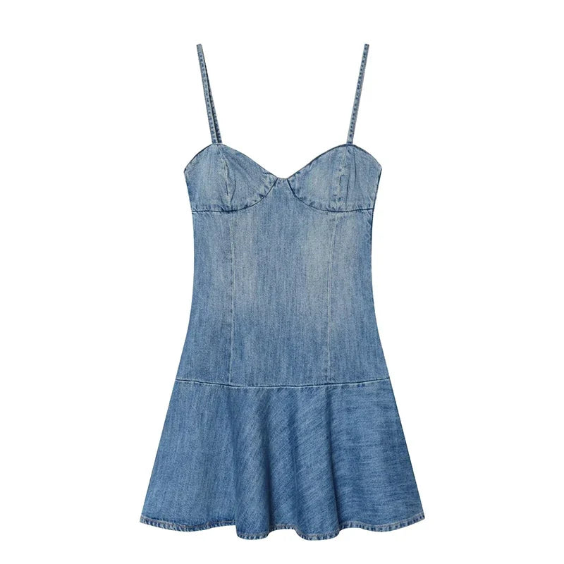 YENKYE 2026 New Women's Light Blue Denim Mini Dress Spaghetti Strap A Line Sundress Sexy Casual Vestidos