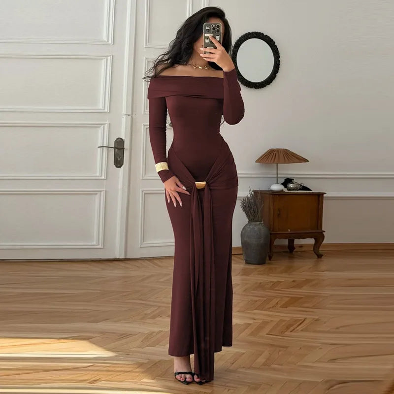 Cryptographic Elegant Off Shoulder Ruched Maxi Dress Women Party Club Outfits Autumn Long Sleeve Bodycon Dresses Gown Clothes