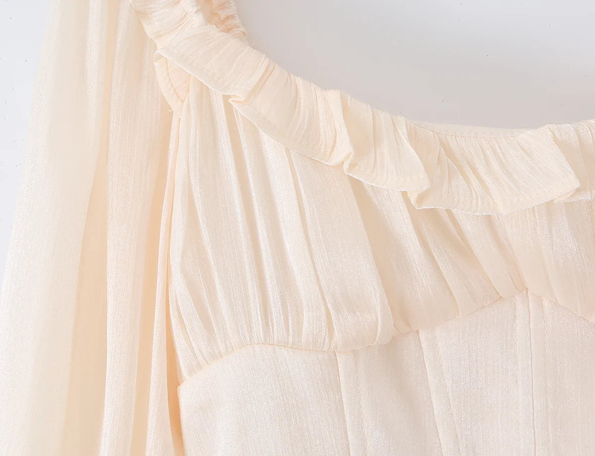 Women Bright Apicot Wood Ears Fold Chest Puff Long Sleeve Dress Boning Low Waist Cross Bandage Lacing Up Back Short Dresses Robe