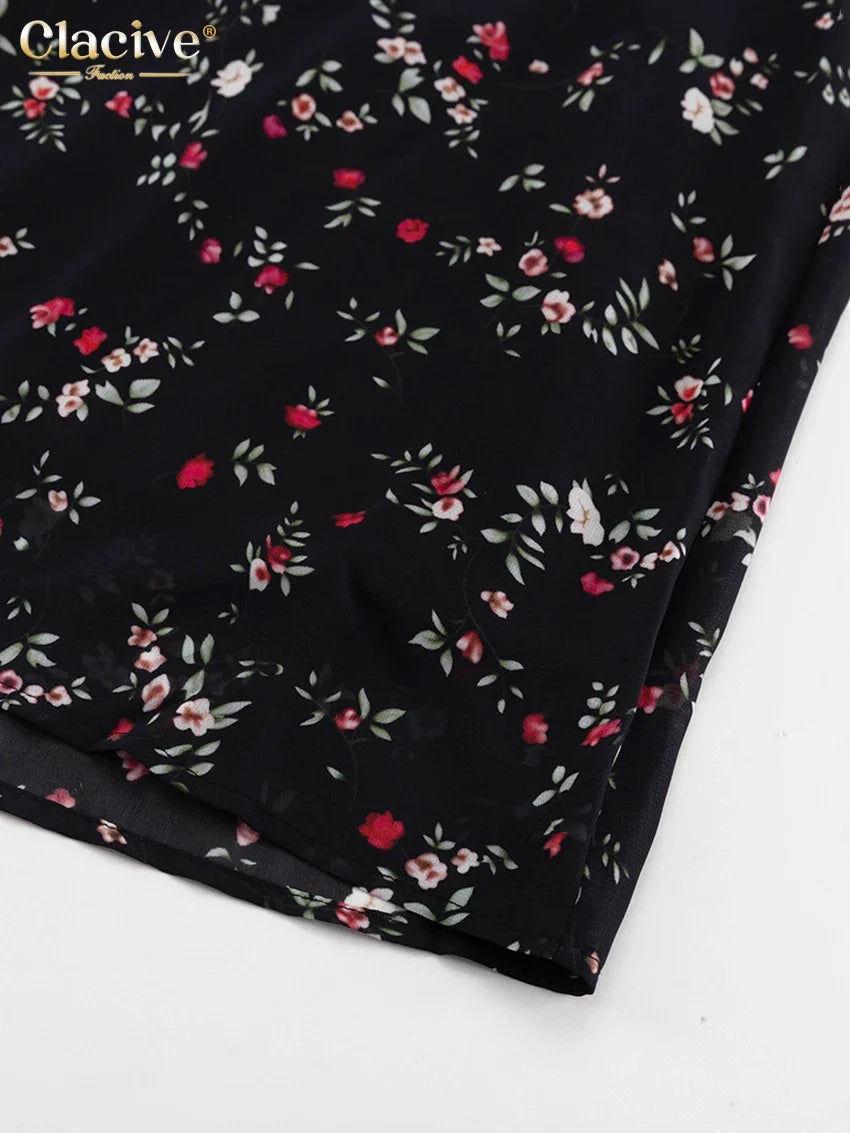 Clacive Fashion Slim Print Women's Dress 2025 Vintage Lapel Long Sleeve Ankle Length Dresses Elegant Classic Patchwork Female Dr