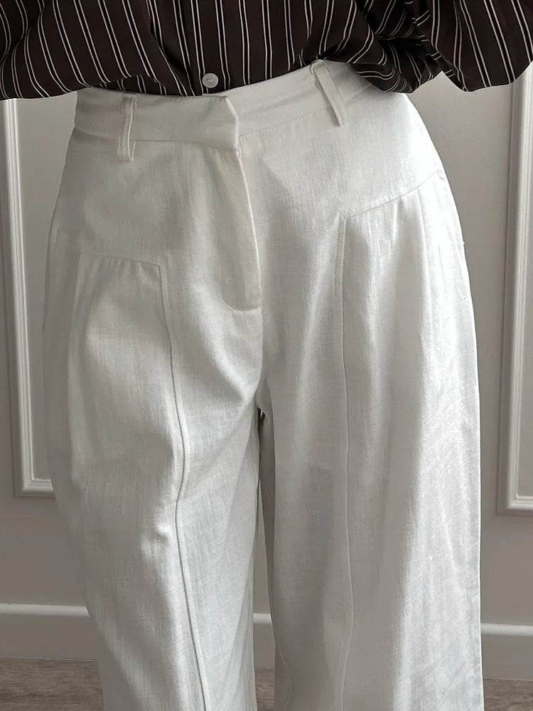 White Cotton Linen Pants Women Wide Leg Formal Trousers Summer Straight Leg Suit Pants High Waist Ladies Formal Pants Loose