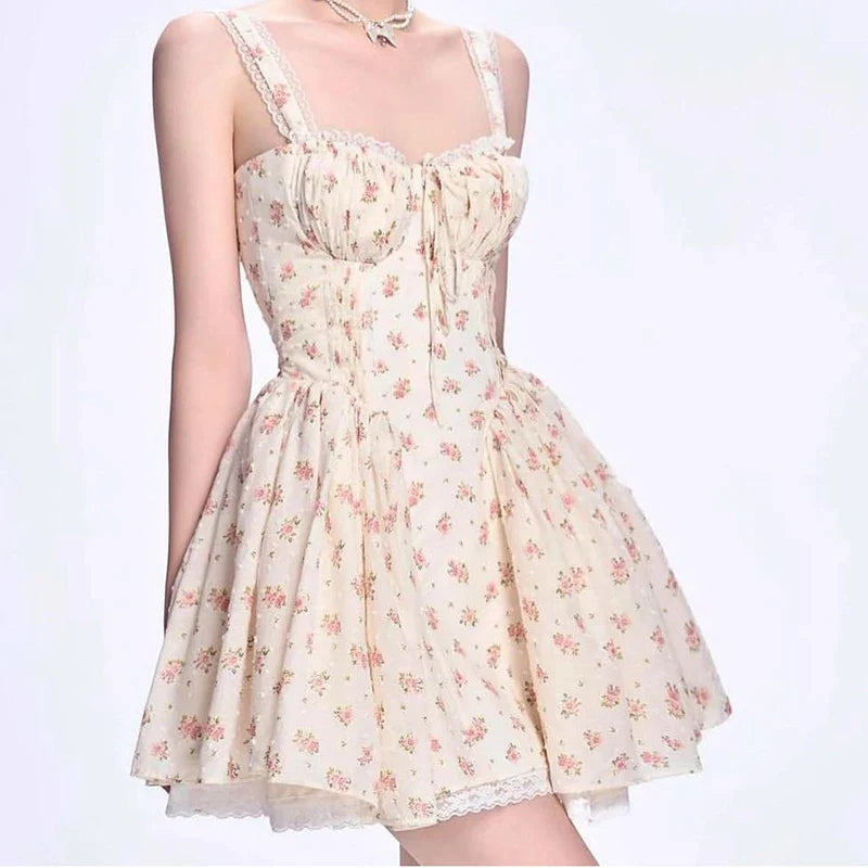 YENKYE Elegant Women Lace Patchwork Floral Print Sling Mini Dress Sleeveless Low Waist A-line Holiday Party Dresses Summer Robe