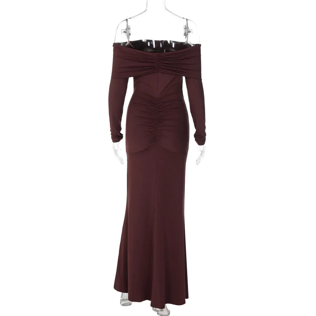 Cryptographic Elegant Off Shoulder Ruched Maxi Dress Women Party Club Outfits Autumn Long Sleeve Bodycon Dresses Gown Clothes