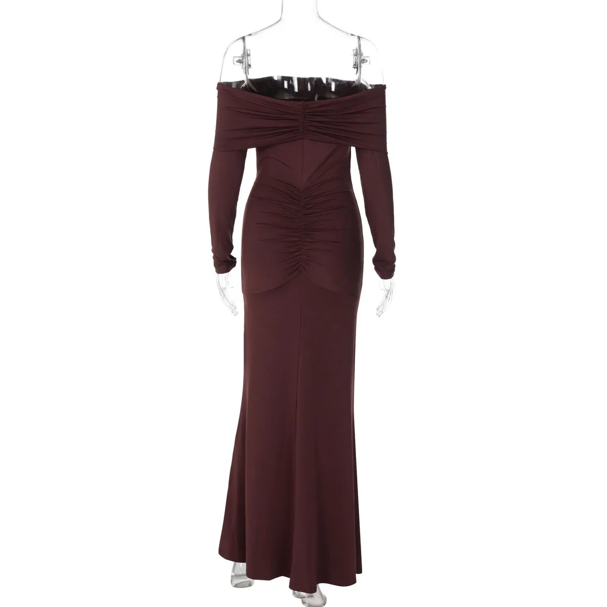 Cryptographic Elegant Off Shoulder Ruched Maxi Dress Women Party Club Outfits Autumn Long Sleeve Bodycon Dresses Gown Clothes