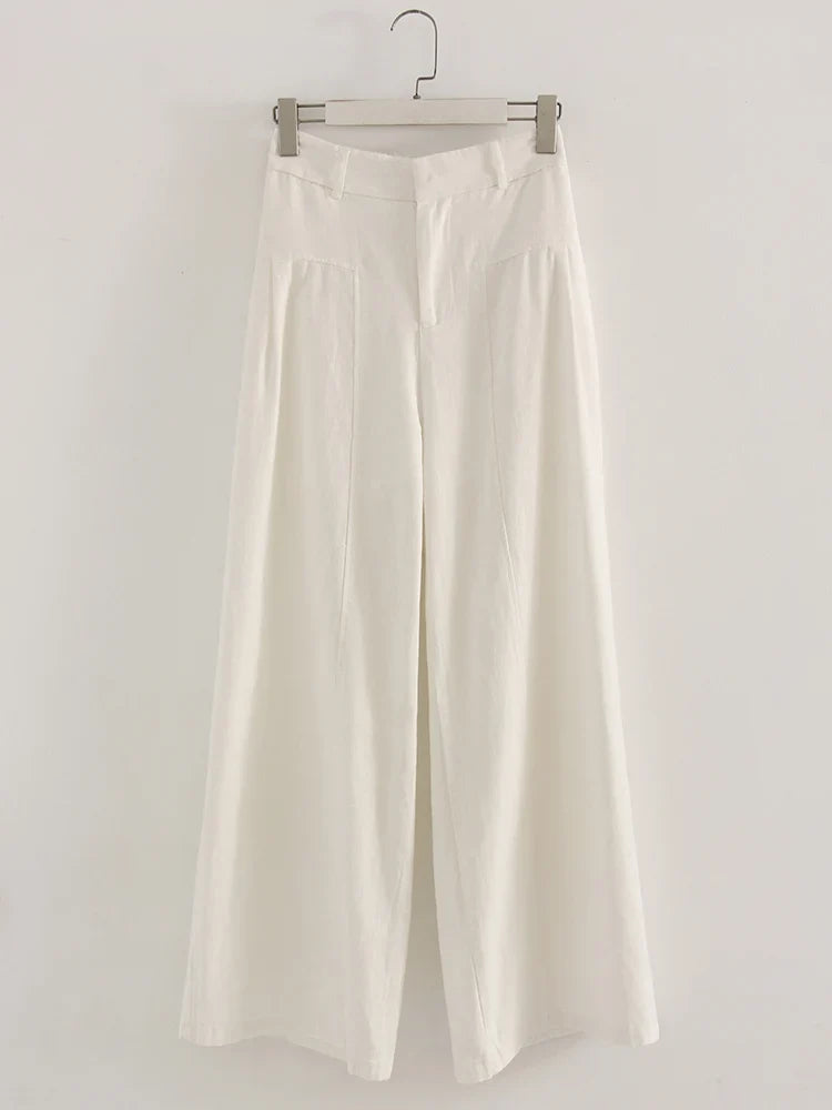 White Cotton Linen Pants Women Wide Leg Formal Trousers Summer Straight Leg Suit Pants High Waist Ladies Formal Pants Loose